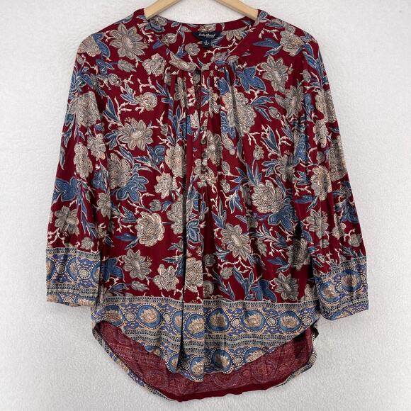 Lucky Brand Tops - LUCKY BRAND Top Womens L Floral Paisley Boho Henley Long Sleeve Blouse Red